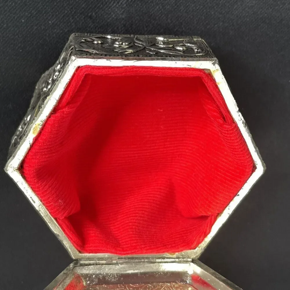 Vintage Japan Jewelry Trinket Box Silver Plated Painted Floral Hinged Top Lined - Picture 12 of 15